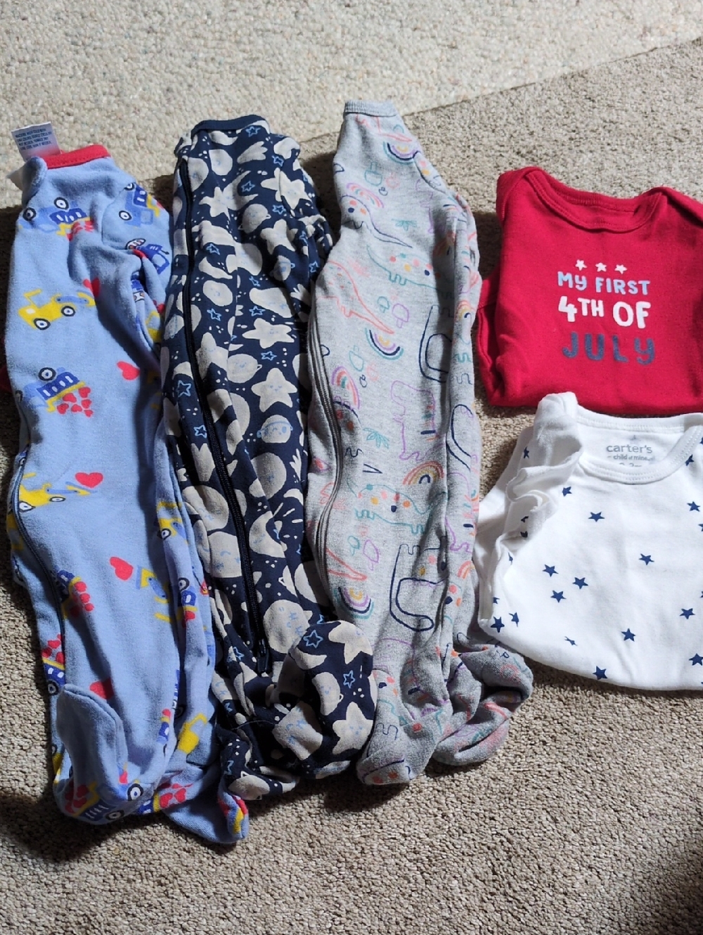 0-3 Month Old Baby Sleepers + 2 Onesies - Star, Moon, Rainbow & Red 4th of July